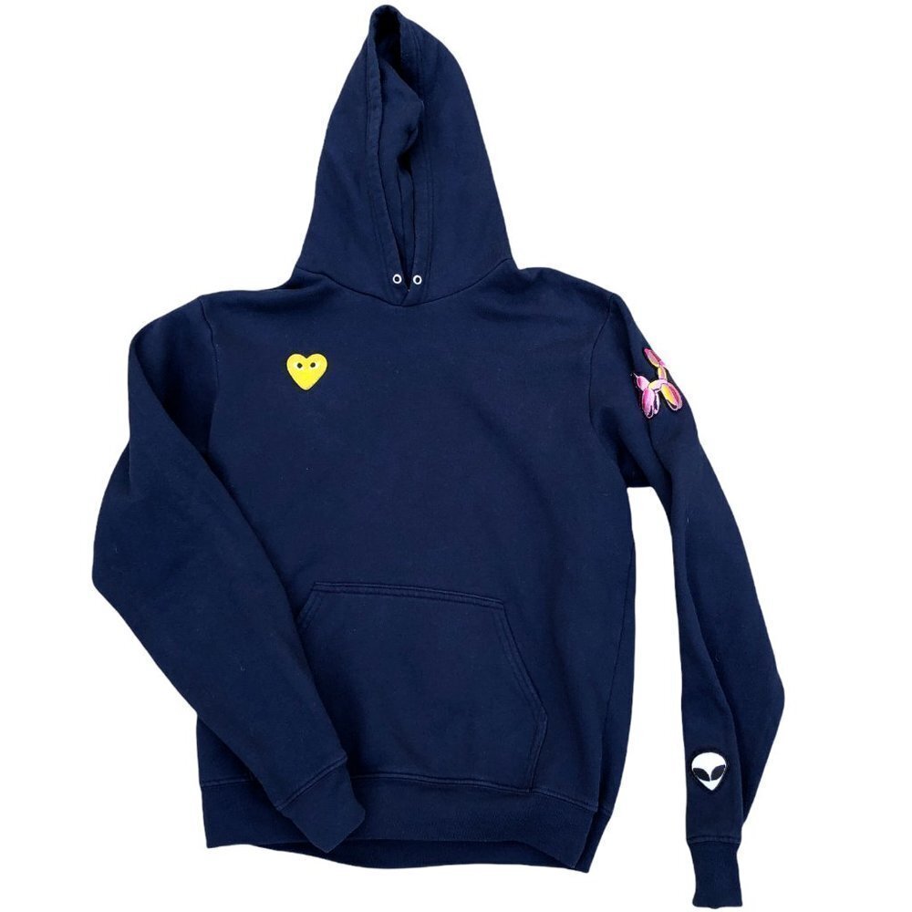 UPCYCLE Unisex Blue Hoodie Sweatshirt MED Yellow Heart Alien Patch Pullover‌‌